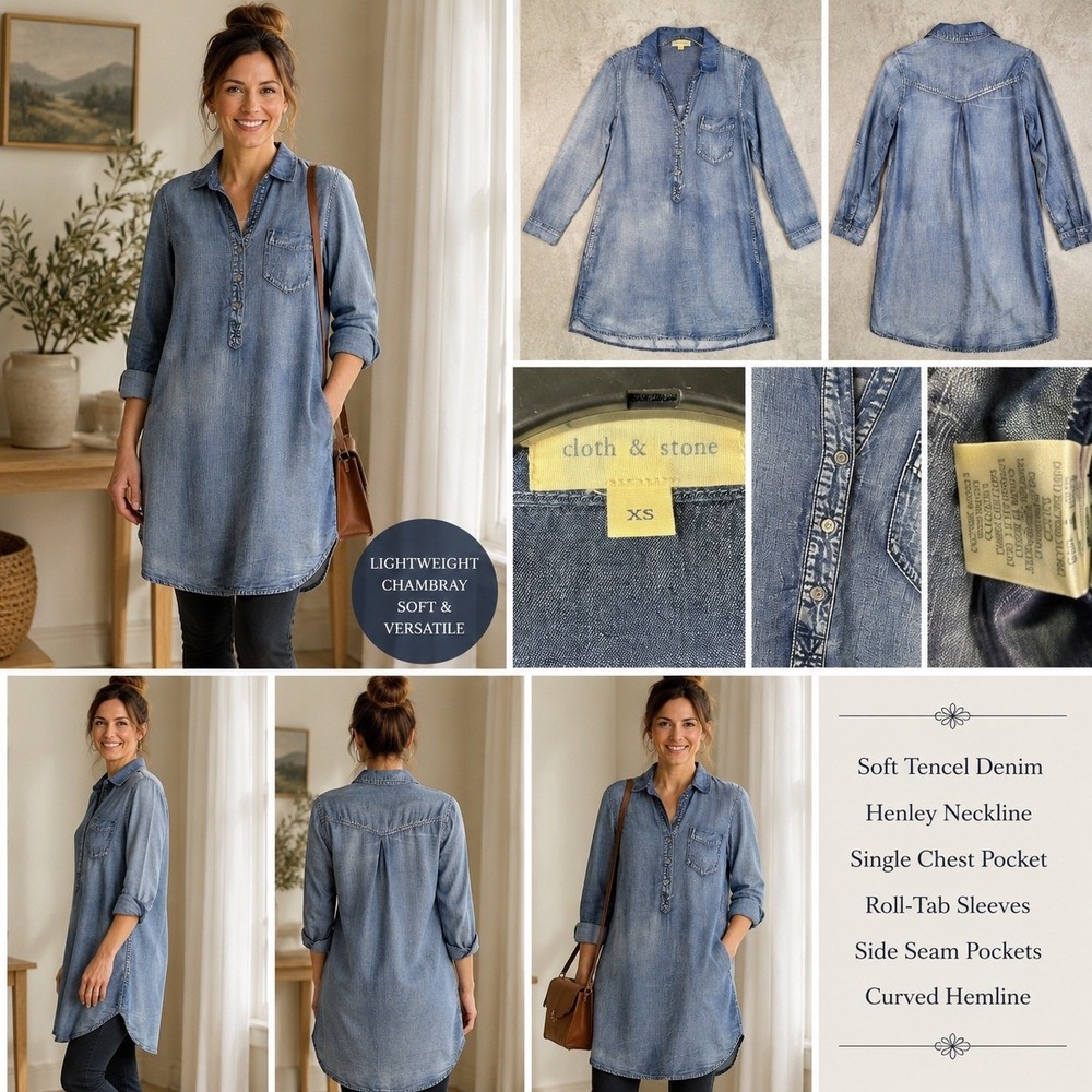 Cloth & Stone Chambray‎ Shirt Dress XS Tencel Denim Boho Casual Pocket Tunic